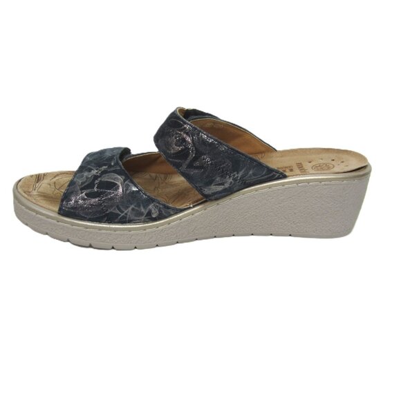 Mephisto Paula Size 40 9 9.5 Blue Silver Slip On Slide Sandals Wedge Heel - Picture 3 of 8